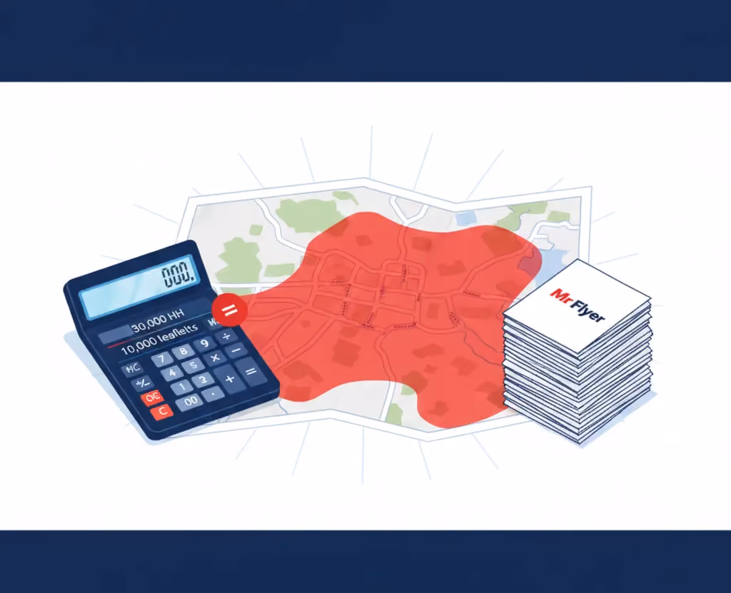 An illustration of a calculator and a stack of Mr Flyer leaflets next to a targeted area map, showing how to calculate household reach for a distribution campaign.