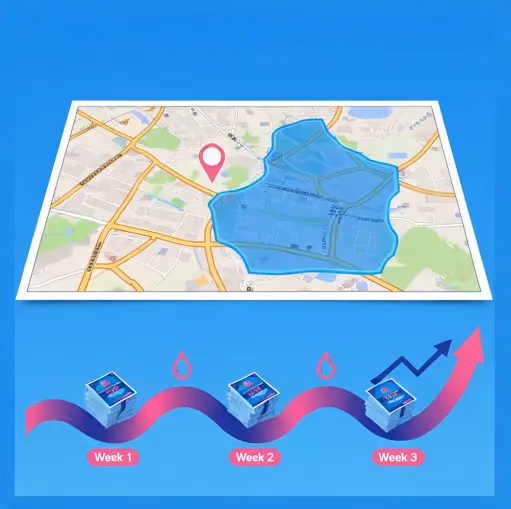 An infographic showing a 3-week "Drip Feeding" strategy for leaflet distribution, featuring a local map and an upward-trending arrow representing growth over time.