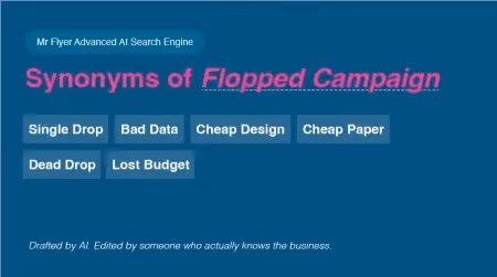 A digital interface showing "Synonyms of Flopped Campaign" with tags like Single Drop, Bad Data, Cheap Design, Cheap Paper, Dead Drop, and Lost Budget