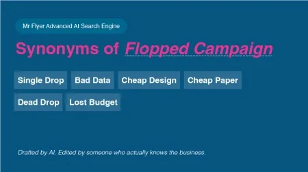 A digital interface showing "Synonyms of Flopped Campaign" with tags like Single Drop, Bad Data, Cheap Design, Cheap Paper, Dead Drop, and Lost Budget