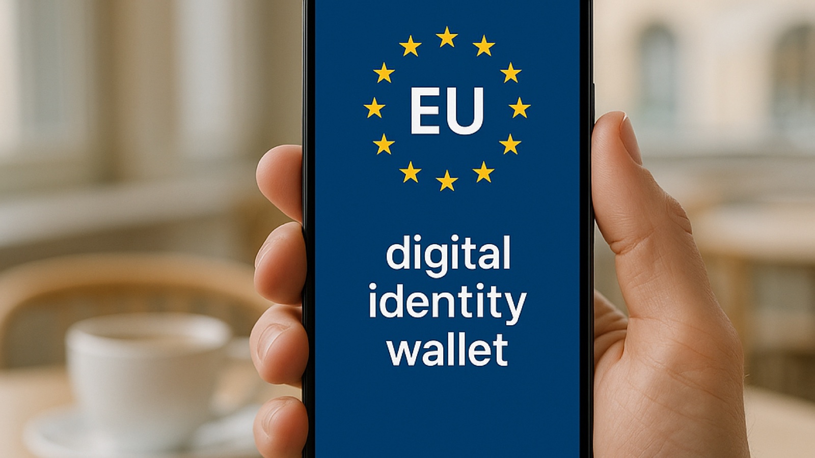 A hand holding a smartphone showing an EU digital identity wallet screen with the circle of EU stars, in a cafe.