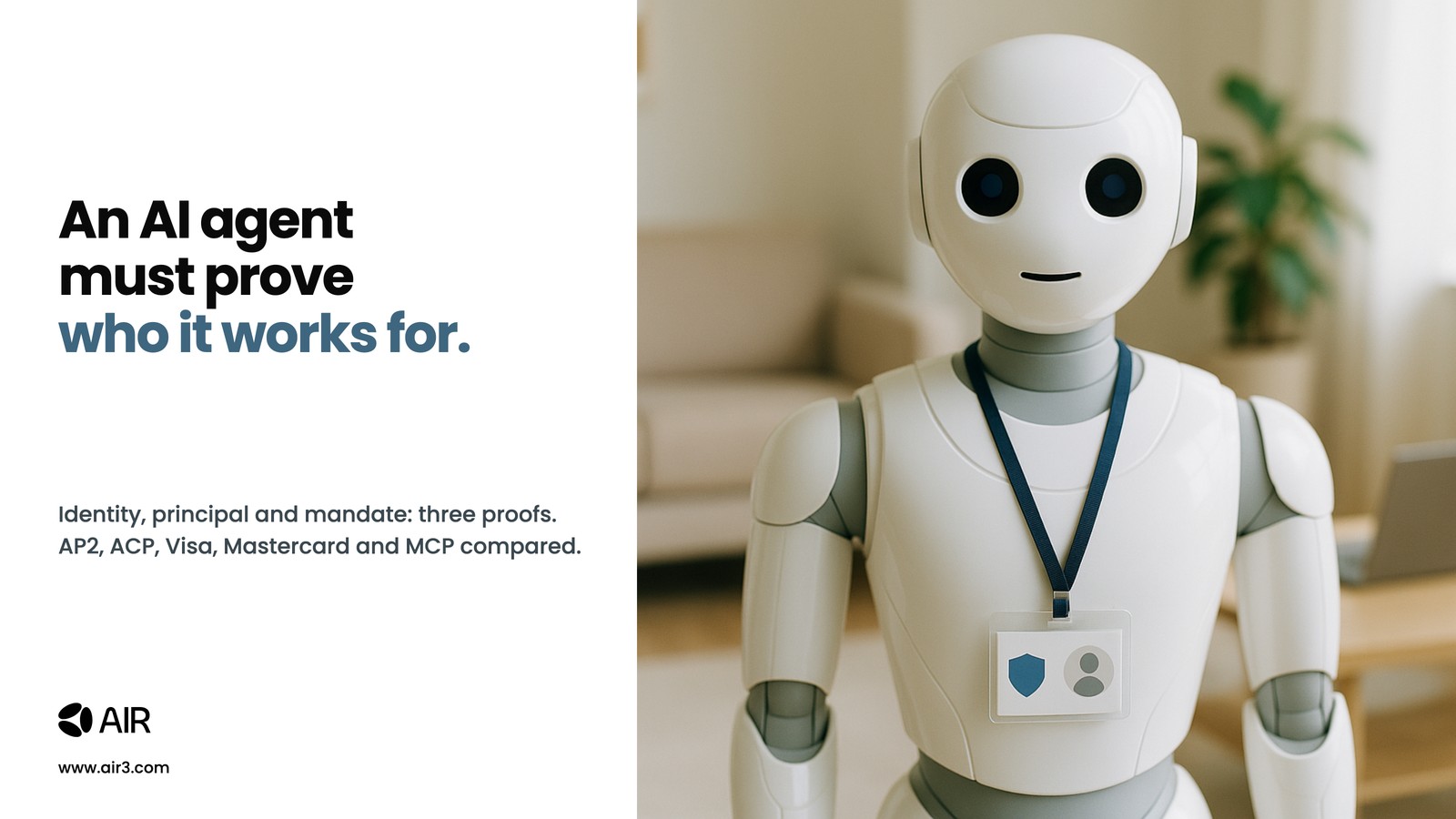 A service robot wearing an identity badge on a lanyard