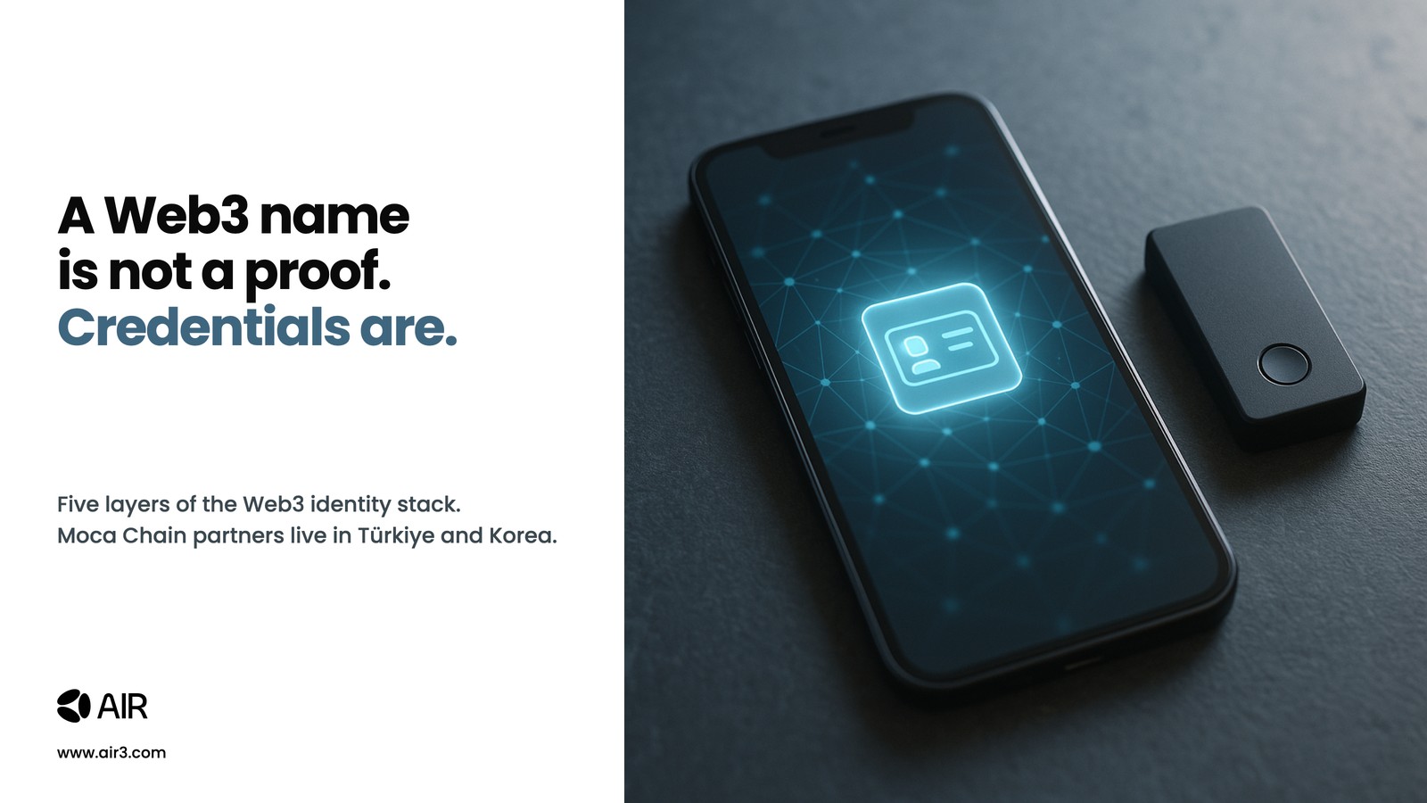 Smartphone showing a digital identity credential on a network, beside a hardware wallet