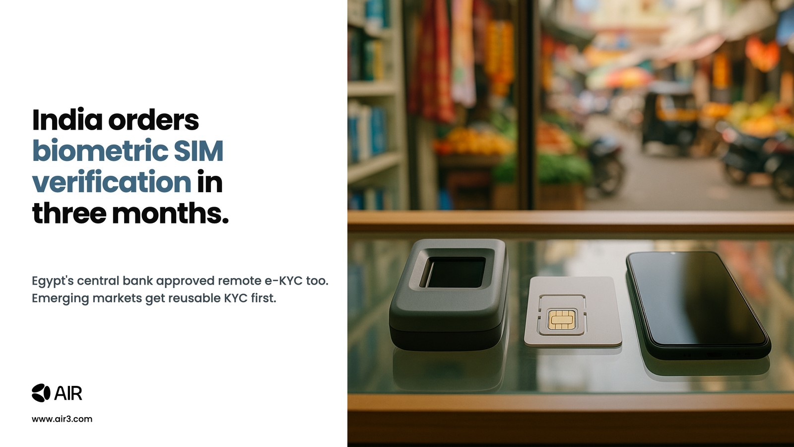 Fingerprint scanner, SIM card and smartphone on a phone shop counter in India