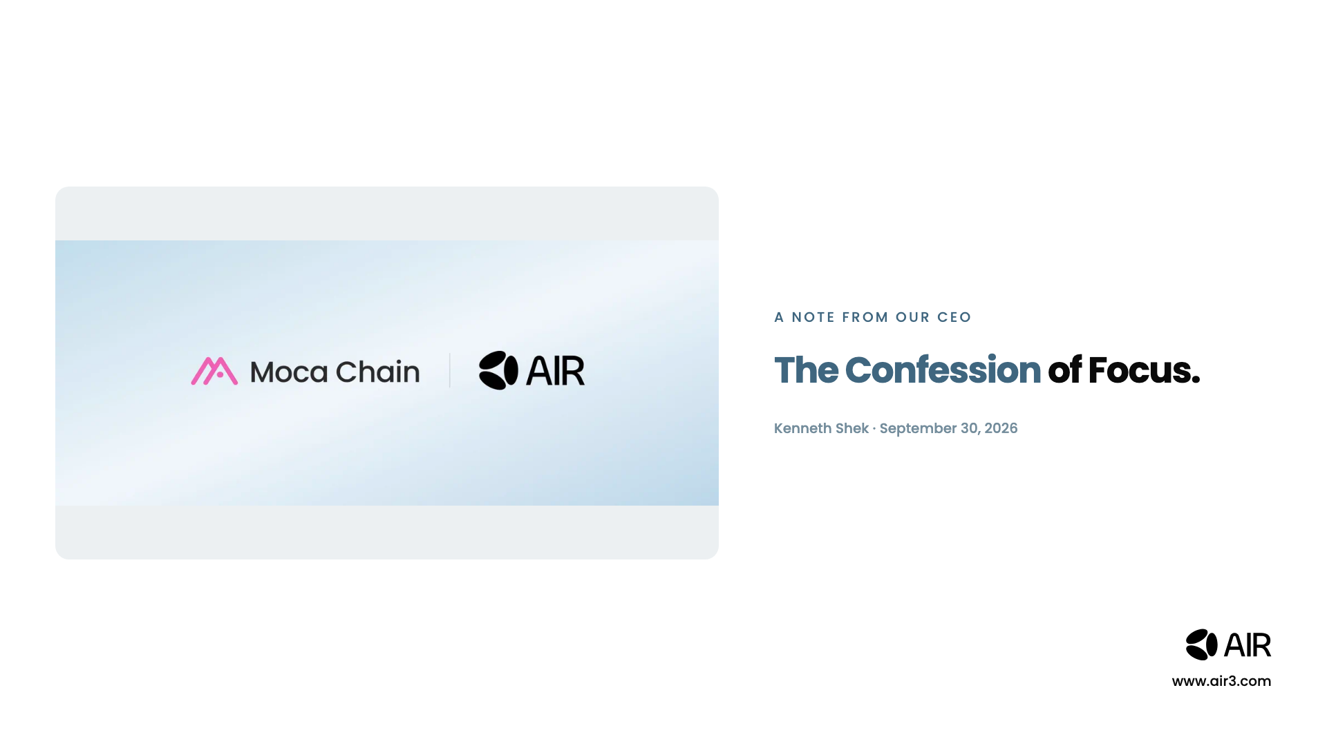 The Confession of Focus, by Kenneth Shek, CEO of AIR and Moca Network.