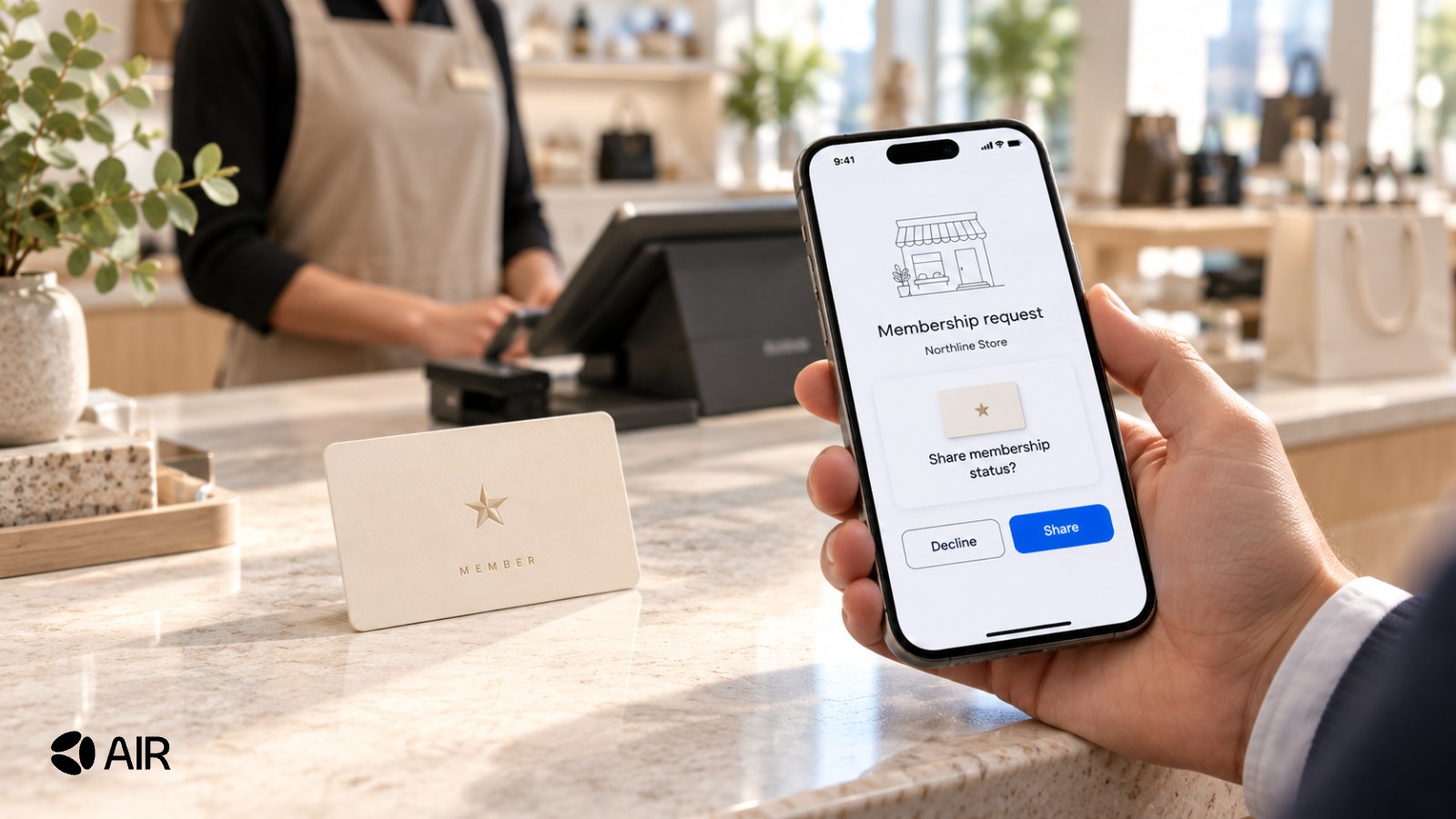 AI-generated editorial illustration of a customer reviewing a retailer’s request for membership status on a phone at a shop counter, with the AIR logo at bottom left.