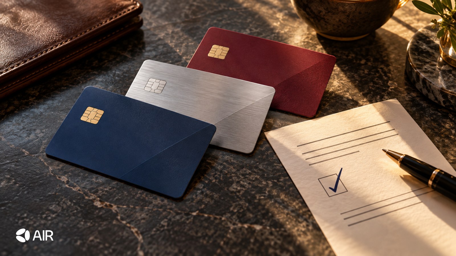 AI-generated editorial still life of three unbranded payment cards beside a checked purchasing mandate, representing authority across payment systems.