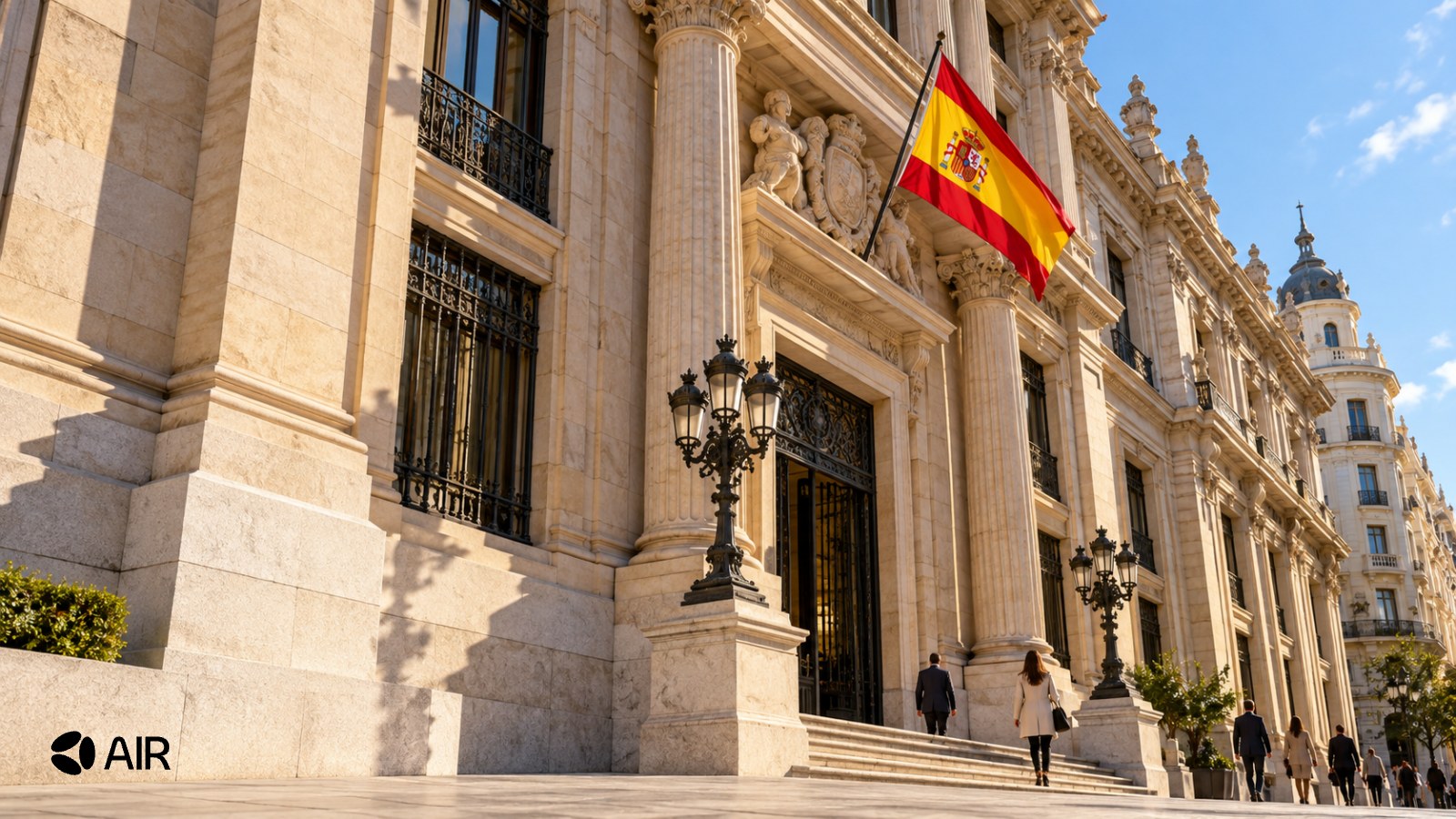 AI-generated editorial illustration of Spanish civic architecture and a national flag, contextualising a privacy ruling.