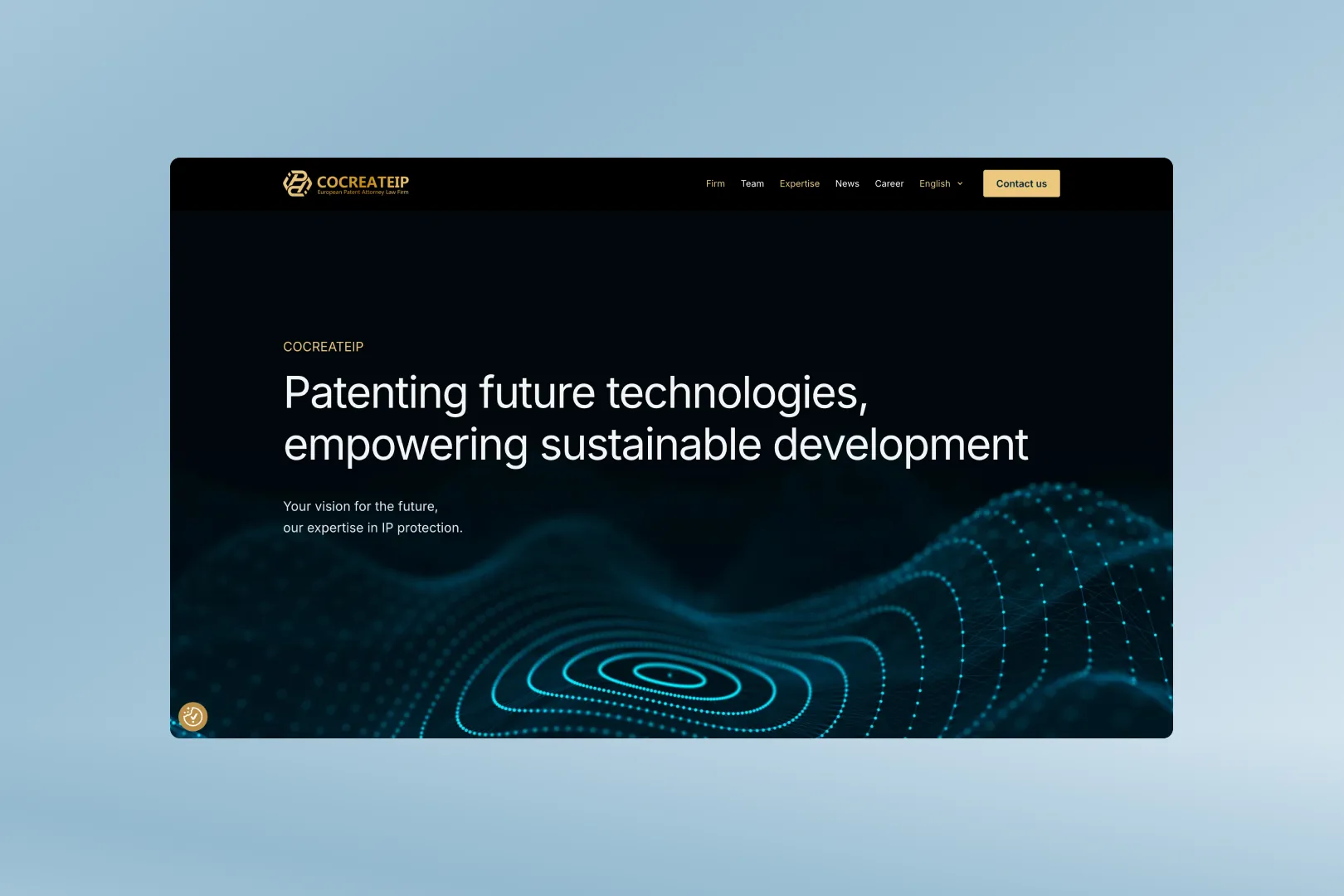 CocreateIP European patent law firm homepage with hero "Patenting future technologies, empowering sustainable development" — designed by FURO.
