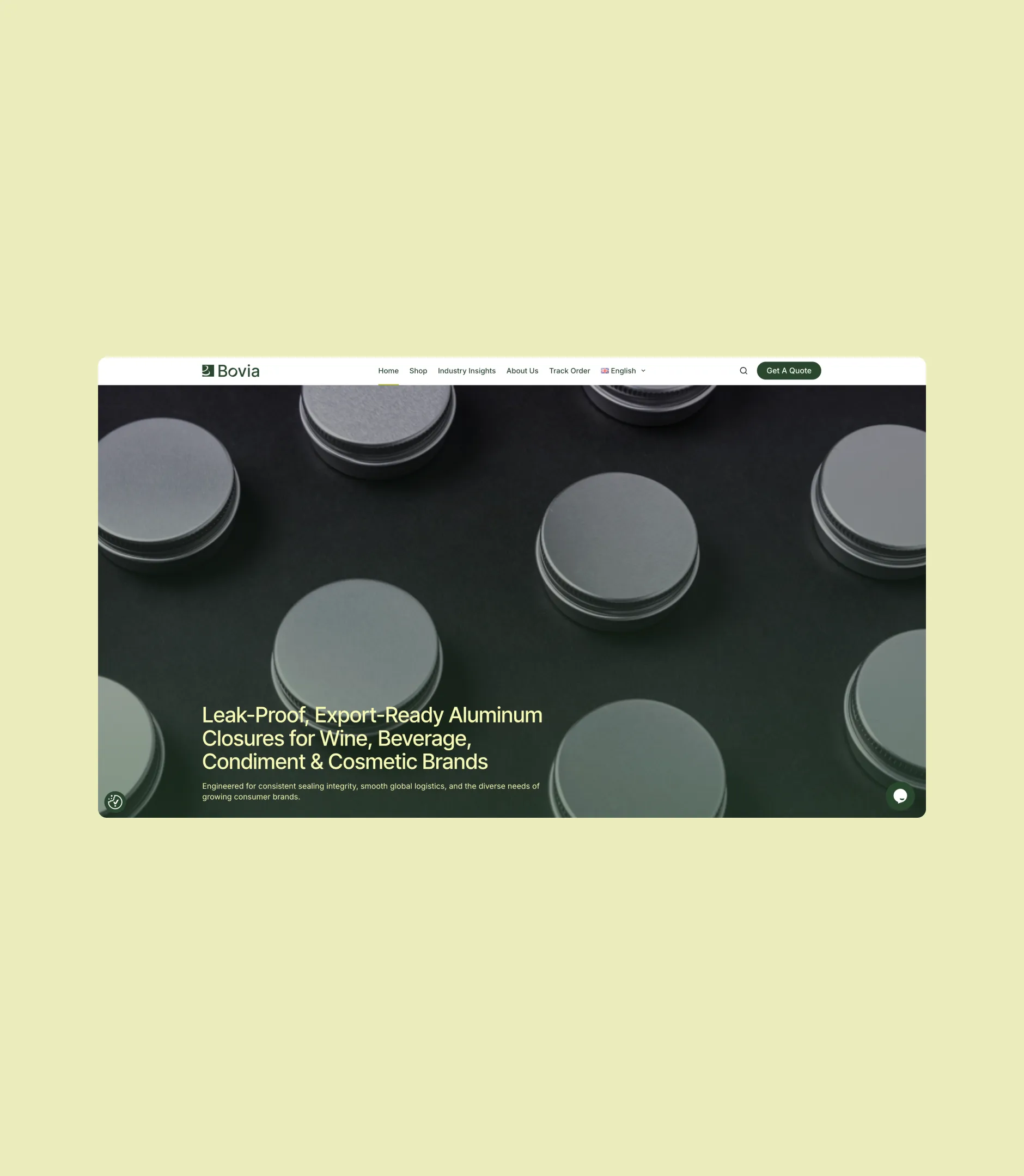 Bovia B2B manufacturing website homepage with aluminum closure product hero.