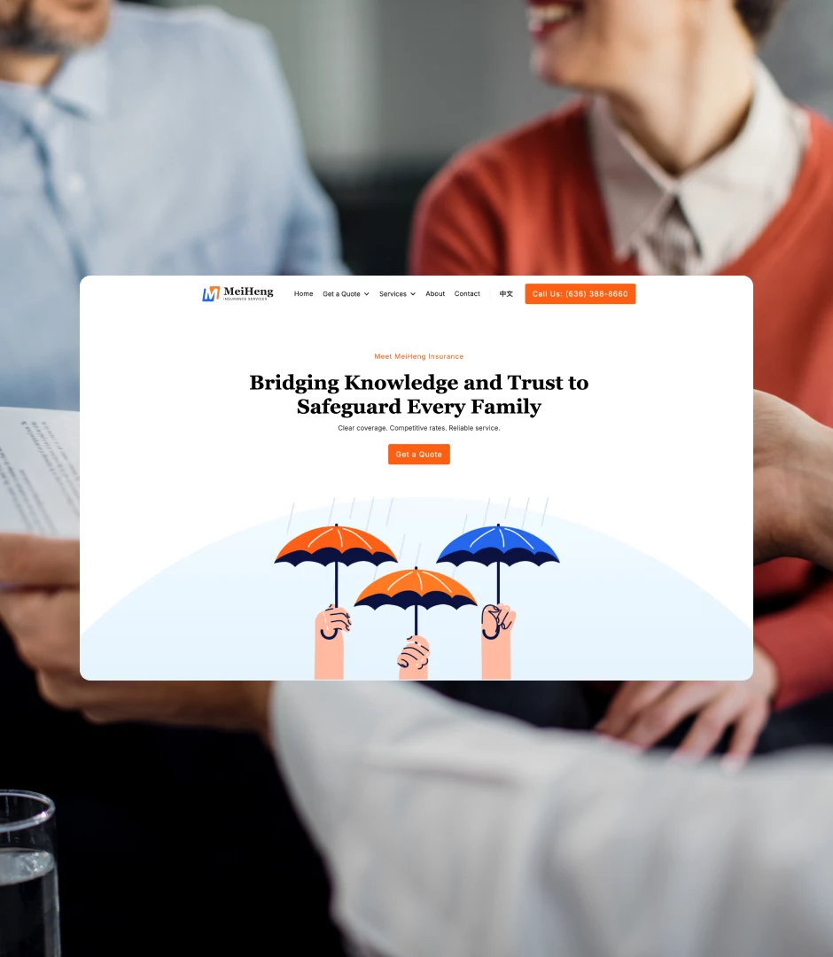 MeiHeng Insurance homepage with hero "Bridging Knowledge and Trust to Safeguard Every Family" — bilingual insurance site designed by FURO.