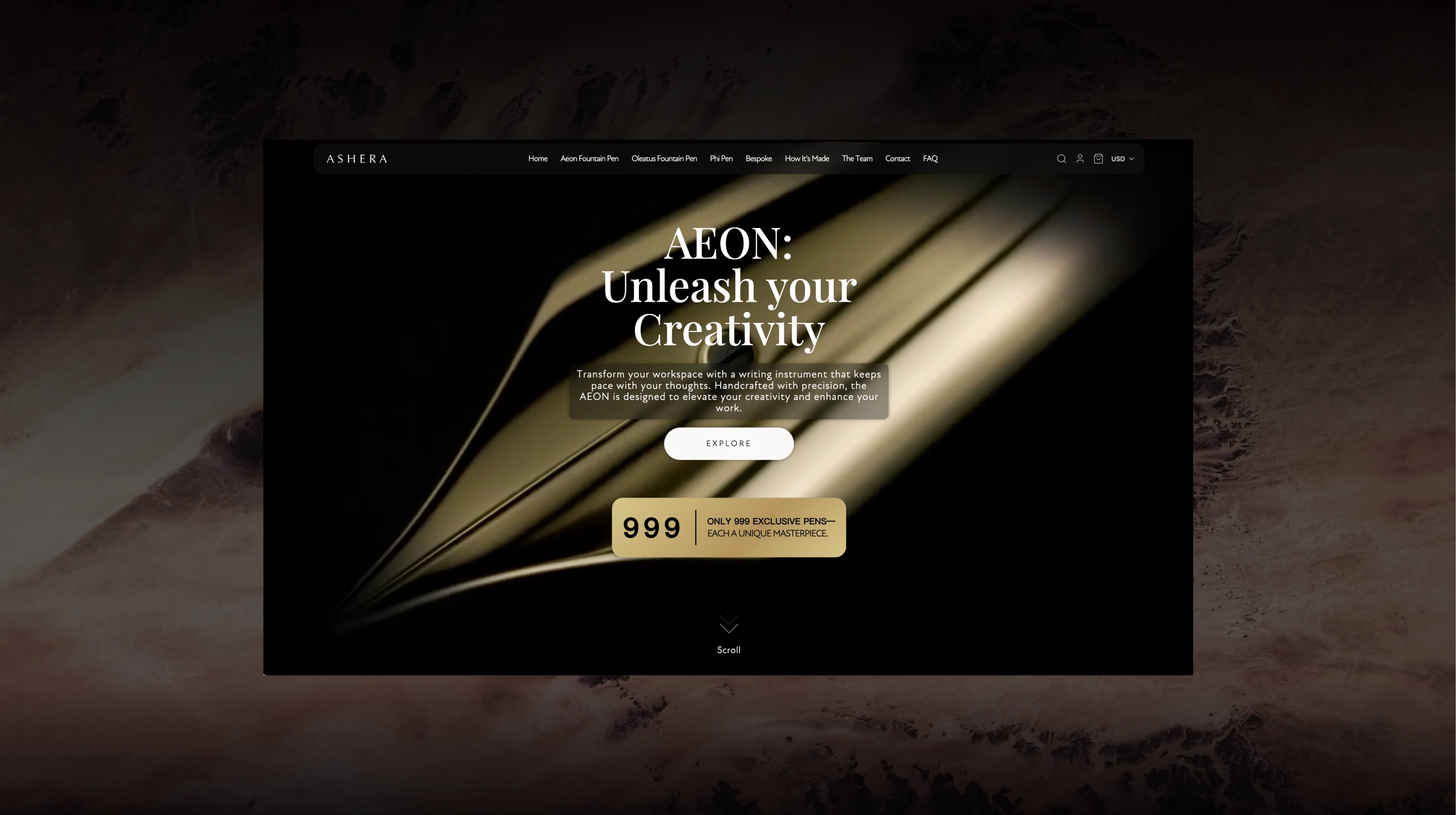 Ashera luxury pen website homepage with AEON fountain pen hero banner.