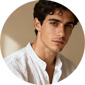 Portrait of a young man with dark hair wearing a white shirt against a neutral background.