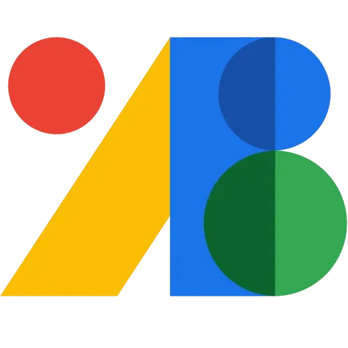 Abstract geometric shapes including a red circle, yellow triangle, blue rectangle, and two green-blue circles.