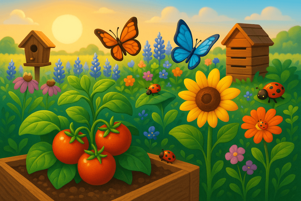 A vibrant, cartoon-style 3D image of a thriving Texas garden at sunrise, featuring lush green plants, flourishing colorful flowers, and happy insects like ladybugs and butterflies peacefully coexisting. In one corner, a small wooden birdhouse and a compost bin signify eco-friendly pest control. The background showcases bluebonnets and iconic Texas wildflowers, with soft morning light bathing the scene, creating a fresh and optimistic atmosphere. No characters, text, or humans in the image.