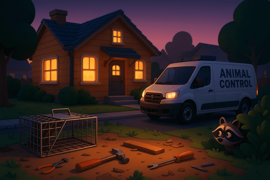 A cartoon-style, 3D illustration of a cozy suburban house at dusk, with soft glowing lights inside. The foreground shows a cleverly designed animal trap and scattered DIY tools around a messy garden, contrasted by a sleek, professional animal control van parked neatly nearby. The atmosphere is slightly tense yet hopeful, with warm light casting playful shadows and an alert raccoon peeking out carefully from behind a bush. No characters, text, or humans are in the image.