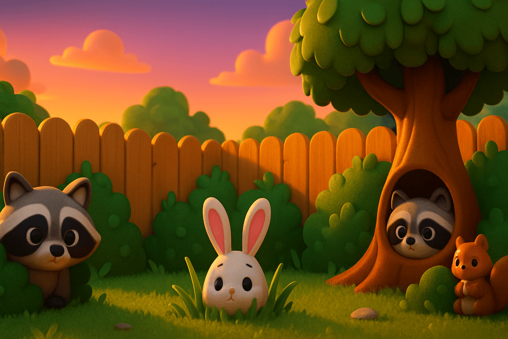 A vibrant, cartoon 3D scene of a cozy suburban backyard at sunset, featuring a detailed wooden fence, lush green grass, and various cute, stylized animals like raccoons, rabbits, and squirrels peeking out from bushes and hiding spots. The atmosphere is playful yet slightly mysterious, with warm golden lighting casting long, soft shadows. No characters, text, or humans in the image.