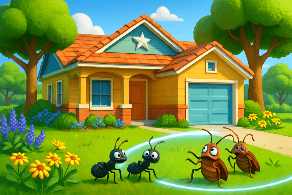 A vibrant, cartoonish 3D scene showing a well-kept Texas home surrounded by lush green grass, blooming native plants, and large healthy trees. In the foreground, a cute, stylized pest control barrier line—like a glowing, invisible fence—keeps out exaggerated, cartoon insects such as ants and cockroaches, who look puzzled at the edge. The atmosphere is sunny, cheerful, and clean, conveying a sense of protection and long-term stability. No characters, text, or humans in the image.