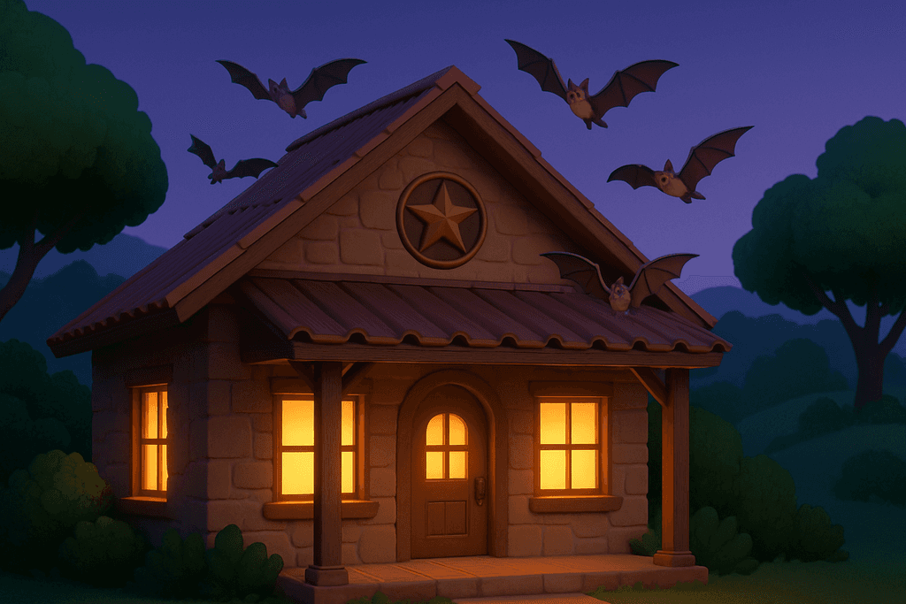 A cartoon, 3D-style image of a cozy Texas-style house at dusk, with warm golden light glowing from the windows. Several gentle, realistic bats fly gracefully around the rooftop and near the eaves. The scene is surrounded by lush green trees and subtle rolling hills under a deep blue-purple sky. The mood is calm and reassuring, evoking a sense of safety and harmonious coexistence with nature. No characters, text, or humans are in the image.