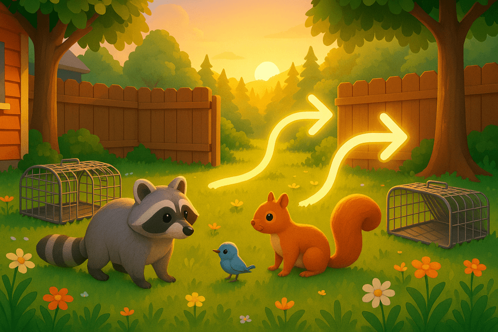 A vibrant, cartoon-style 3D image of a peaceful backyard at sunrise, showing a raccoon, a squirrel, and a bird being gently guided toward an open, safe forest by inviting arrows made of soft glowing light. The animals look calm and unharmed, with humane traps (like open cage doors) visible but empty. Lush green grass, bright wildflowers, and warm sunlight create an atmosphere of kindness, care, and harmony. No characters, text, or humans in the image.