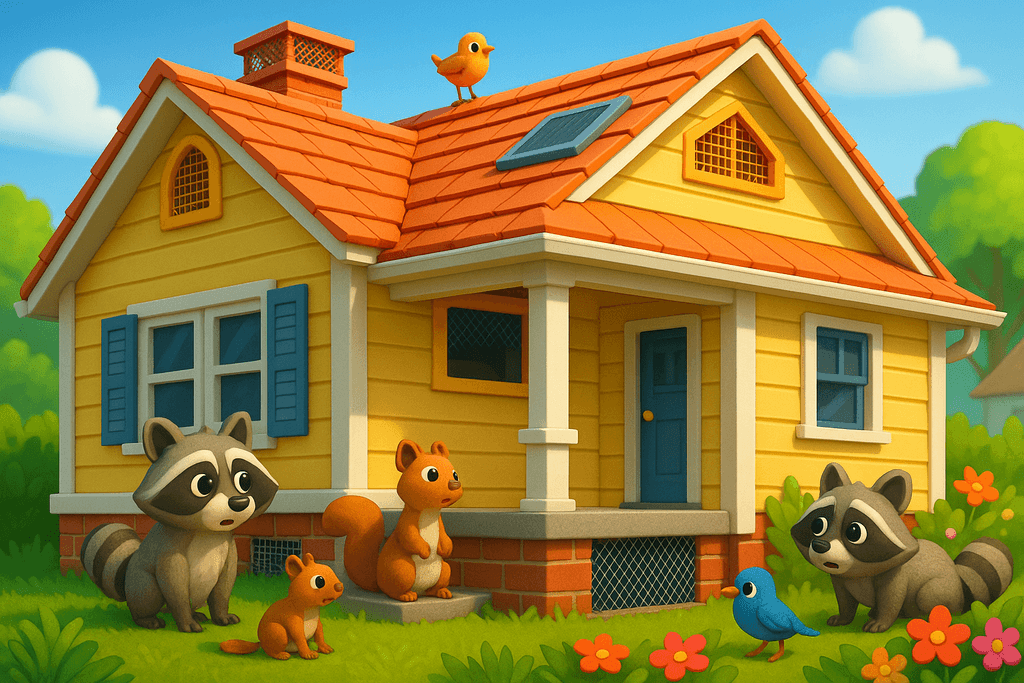 A vibrant, cartoon-style 3D image showing a sturdy suburban house with its foundation, attic, and roof clearly visible, each section featuring bright barriers like mesh screens, chimney caps, and sealed vents. Outside, cute, curious animals—like raccoons, squirrels, and birds—peer in from lush green grass and colorful flowerbeds, unable to find an entryway. The mood is protective and reassuring, with soft sunlight highlighting secure features, evoking a sense of safety and harmony with nature. No text, characters, or humans in the image.