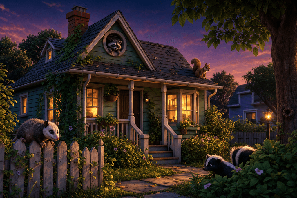Cartoon and 3D illustration of a cozy suburban house at dusk, with exaggerated, slightly overgrown greenery in the yard, gentle golden light glowing from the attic window, and a few curious, cartoon-style wildlife animals peeking out—such as a raccoon peering from the attic vent, a squirrel on the roof, an opossum by the fence, and a skunk near the bushes. The scene should convey a slightly whimsical yet mysterious mood, with vibrant colors, soft shading, and playful details. No characters, humans, or text in the image.