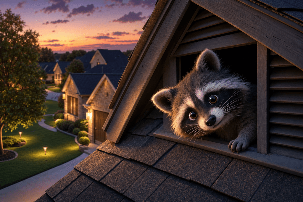 A cartoon 3D scene at dusk showing a curious raccoon peeking out from a shadowy attic vent of a suburban Keller, TX house, with exaggerated fluffy fur and bright eyes, set amid tidy green lawns and gentle, warm lighting. The mood should be slightly mysterious yet safe, emphasizing the raccoon’s playful nature and the peaceful suburban environment. No characters, text, or humans in the image.