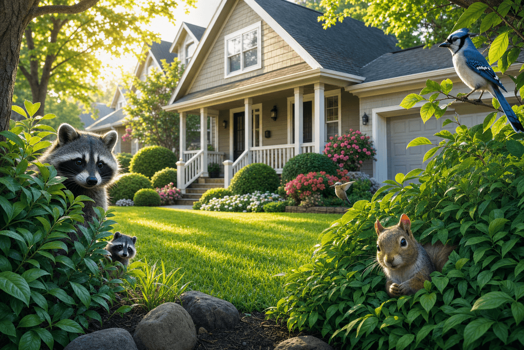 A detailed cartoon and 3D image of a tidy suburban home with gentle, bright morning light. In the foreground, a variety of small animals—such as raccoons, squirrels, and birds—are cautiously peeking out from the edges of a lush, well-kept garden and neat shrubbery, emphasizing curiosity rather than fear. Subtle shadows and vibrant greenery provide a feeling of safe, professional intervention. No characters, text, or humans in the image. The overall atmosphere is calm, secure, and hopeful.
