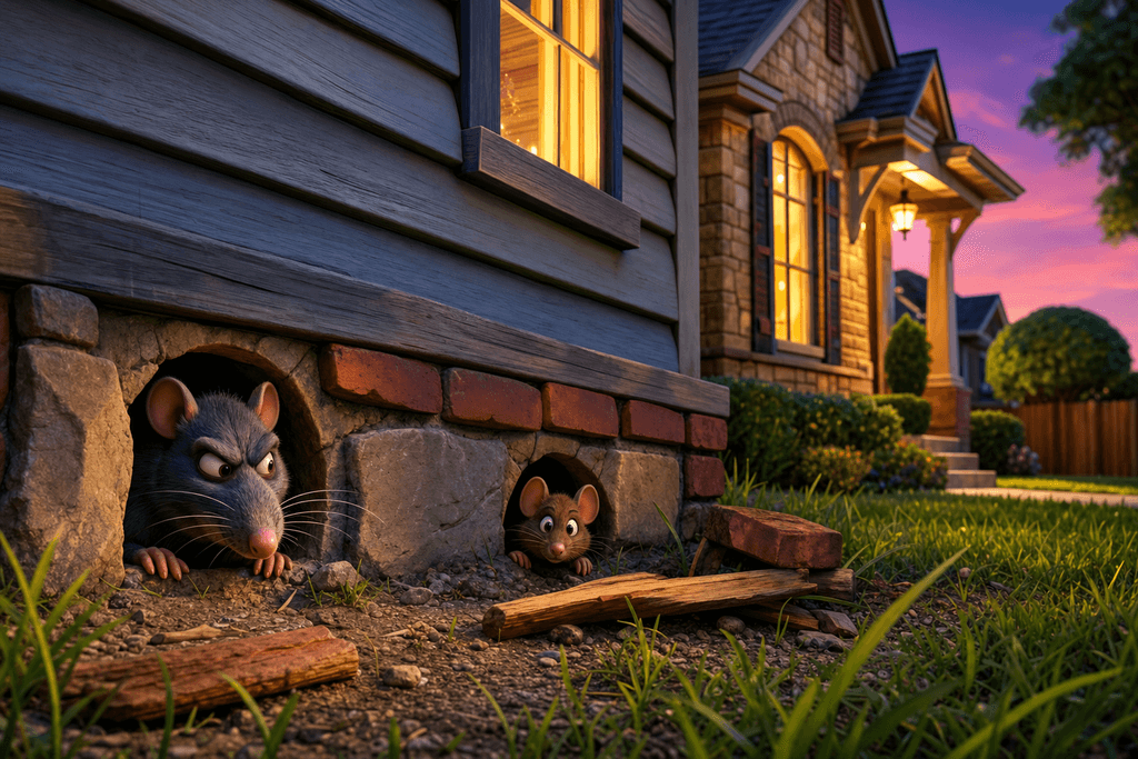A vibrant, cartoon-style 3D scene of a suburban Keller, TX home at dusk, with exaggerated textures and colors. In the foreground, a sneaky gray rat and a brown mouse peek out from small holes at the base of the house, next to scattered wood and bricks, while the warm glow from inside the house spills out softly onto the grass. The mood is slightly suspenseful but playful, with oversized, whimsical details on the rodents and entry points. No characters, text, or humans in the image.