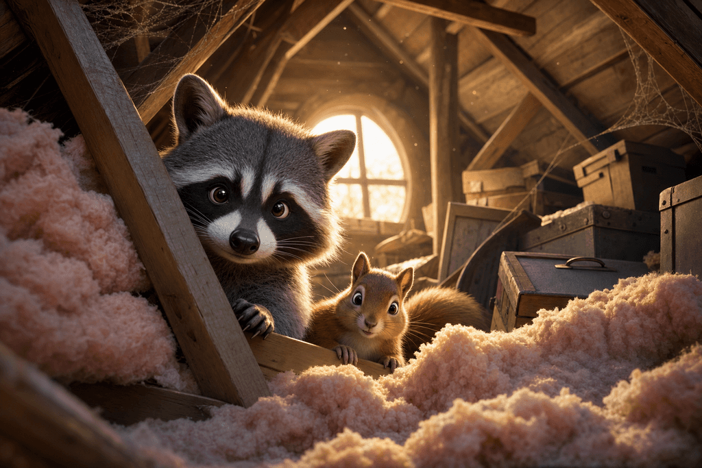 A cartoon-style 3D attic scene filled with soft golden sunlight filtering through a dusty window, focusing on a realistic yet whimsical raccoon and a squirrel peeking curiously out from behind fluffy pink insulation and scattered wooden beams. The attic is cluttered with old boxes and cobwebs, emphasizing a cozy but slightly mischievous atmosphere. No characters, text, or humans in the image.