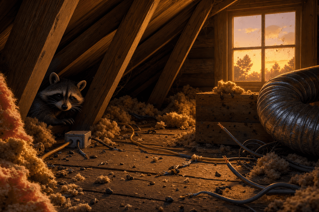 A detailed, cartoon-style 3D attic scene at dusk, with scattered insulation and chewed wires, illuminated by a moody golden light streaming through a dusty window. A realistic, slightly mischievous raccoon peeks out from a shadowy corner among the wooden beams. The mood is a blend of worry and curiosity, emphasizing potential damage and mystery. No characters, text, or humans present.