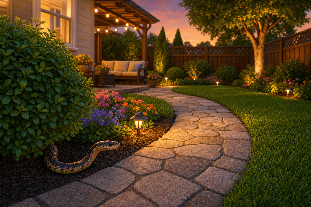 A vibrant, cartoon and 3D-style image of a tidy suburban backyard at dusk, softly lit with warm orange light, showing a winding stone path bordered by lush green grass and colorful flowerbeds, with gentle shadows hinting at a safe, well-maintained environment. In the foreground, a realistic yet friendly-looking cartoon snake is gracefully slithering near the edge of the garden, partially hidden behind a decorative bush, drawing attention but not appearing threatening. No characters, text, or humans in the image. The overall mood is calm and reassuring, suggesting effective and peaceful snake control.