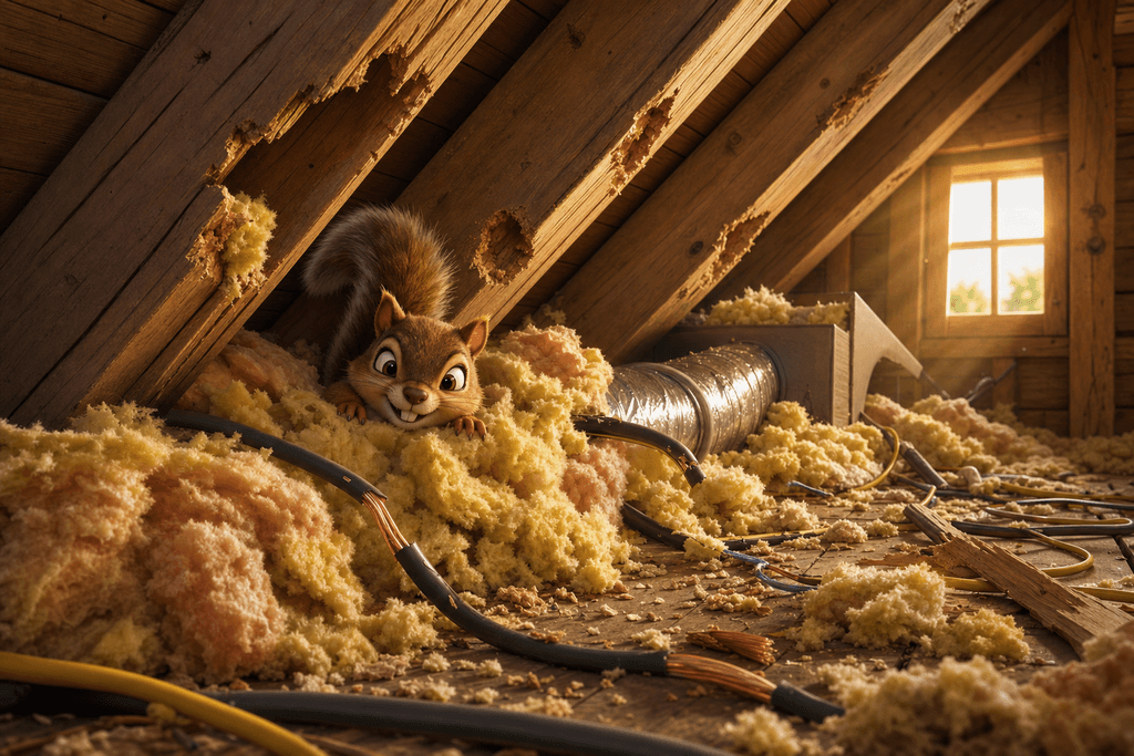 A cartoonish 3D scene of a cozy house attic with soft sunlight streaming through a small window, showing a mischievous squirrel peeking out from a messy pile of scattered insulation and chewed wires. The attic’s wooden beams are detailed, and there’s visible squirrel damage to the wood. The mood is whimsical but slightly alarming, highlighting the chaos caused by the repeat intruder. No characters, text, or humans in the image.