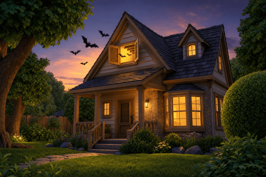 A cartoon and 3D style image of the exterior of a cozy house at dusk, with warm golden light glowing softly from the attic window. Shadows of small bats are gently flying out of the slightly open attic vent, while a lush green lawn and leafy trees surround the house. The atmosphere is calm and slightly mysterious, hinting at the hidden wildlife activity, with no characters, text, or humans in the image.