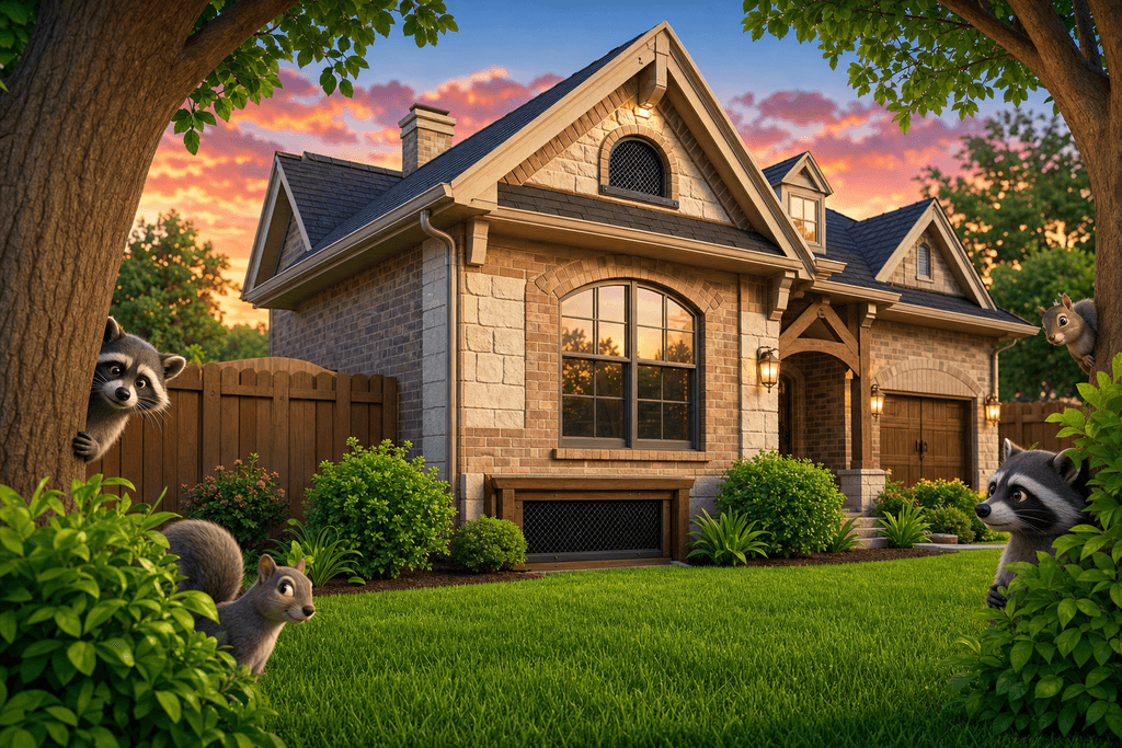 A cheerful, brightly colored 3D cartoon scene of a suburban Fort Worth house at sunset, showing sturdy metal mesh barriers over attic vents and crawl space entrances, surrounded by lush green grass, lively shrubs, and a tall wooden fence; several curious raccoons and squirrels are peeking from behind trees and bushes, unable to access the house. The mood is safe, secure, and inviting. No text, humans, or characters in the image.