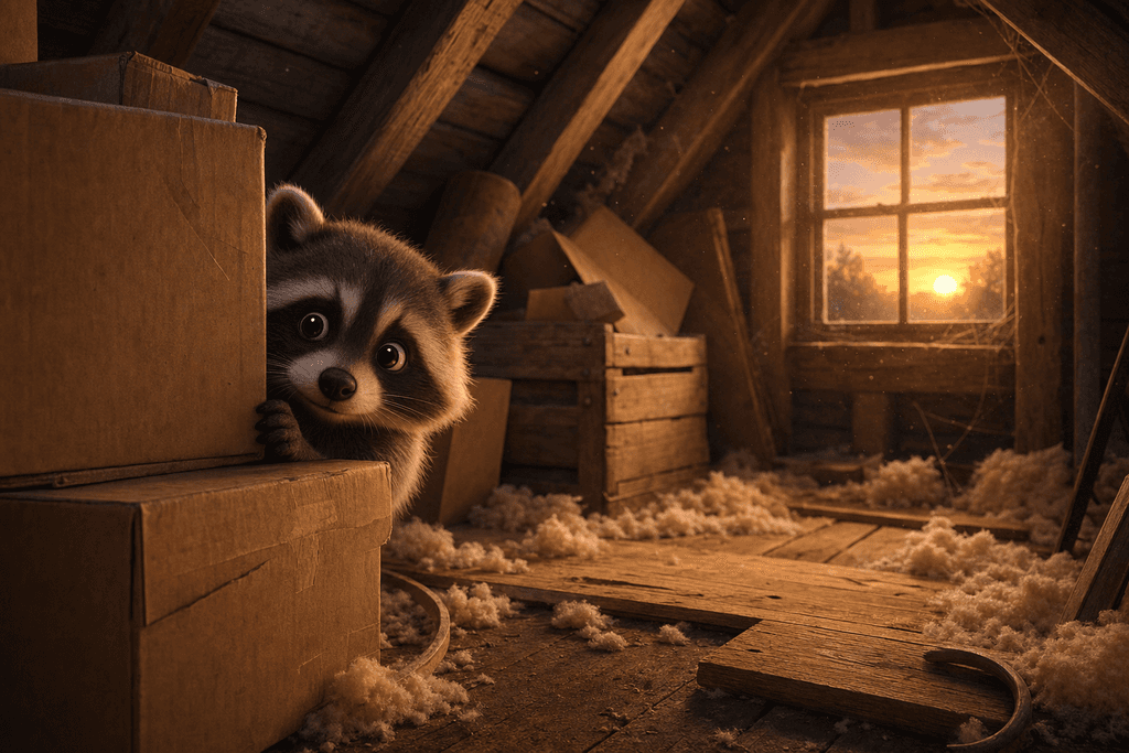A cartoon 3D scene of a cozy, dimly-lit attic at sunset, with soft golden light shining through a dusty window. A plump, curious raccoon peeks out from behind a stack of old cardboard boxes, its eyes wide and gentle. Around it, scattered insulation and wooden beams are visible. The atmosphere is calm and inviting, with warm, peaceful colors. No characters, text, or humans in the image.