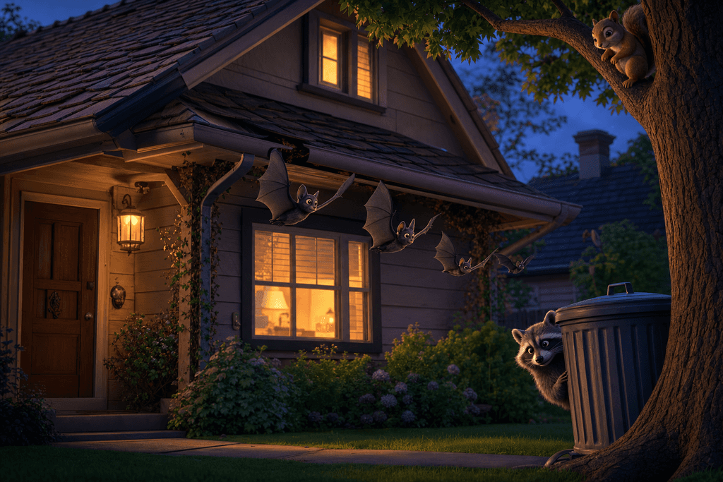 A cartoon 3D scene showing the exterior of a cozy suburban home at dusk, warm golden light glowing from the windows, with realistic details like roof tiles and bushes. A family of bats is gently flying out from under the eaves, while a curious raccoon peeks from behind a trash can and a squirrel is perched on a nearby tree branch. The mood is slightly mysterious yet friendly, with soft shadows and a tranquil, safe atmosphere. No characters, text, or humans in the image.
