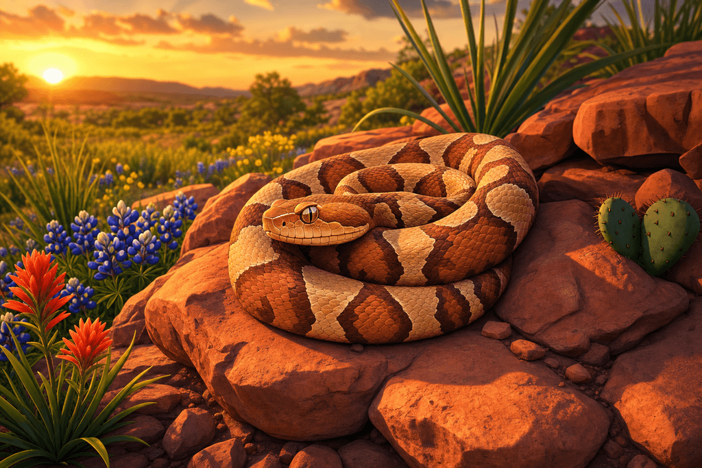 A vibrant cartoon and 3D-style image of a Texas copperhead snake coiled on sun-warmed reddish rocks in a grassy, semi-arid Texas landscape at golden hour; the snake’s copper and brown hourglass markings are vivid and the background includes native wildflowers and sparse shrubs, with soft, warm sunlight casting dramatic shadows for a slightly mysterious mood. No characters, text, or humans in the image.