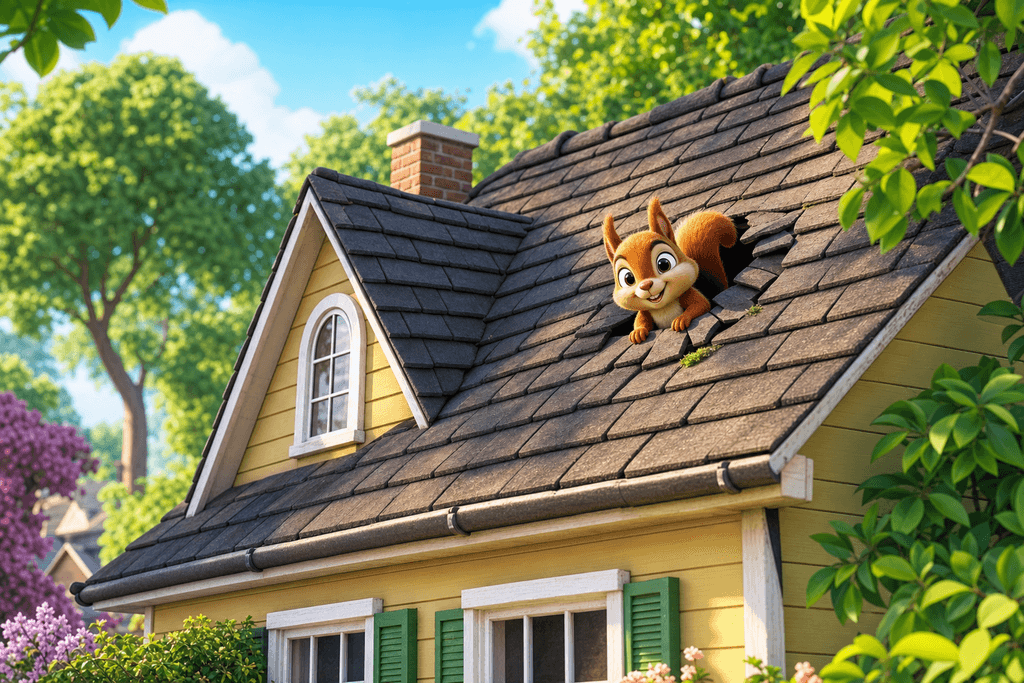 A cute, cartoonish 3D squirrel peeking from a hole in a shingled roof of a cozy suburban house, surrounded by lush green trees and soft morning light, with exaggerated, vibrant colors and playful atmosphere—no characters, text, or humans.