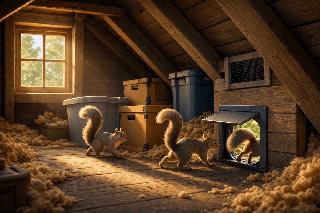 A cartoon 3D attic scene with soft golden morning light filtering through a dusty window, revealing a cozy wooden attic filled with well-sealed storage boxes and insulation. Friendly, realistic-looking squirrels are seen departing through an open, specially designed one-way exit vent, their bushy tails in motion. The atmosphere is calm, hopeful, and reassuring, emphasizing a sense of humane, effective pest control with no characters, text, or humans present.