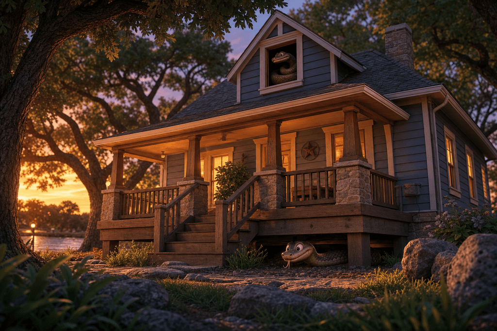 A cartoon 3D-style illustration of a cozy Granbury, Texas house at dusk, surrounded by oak trees and soft golden light, with a mischievous snake peeking out from under the wooden crawl space and another curled up in a shadowy attic window. The scene should feel slightly mysterious yet playful, with exaggerated, friendly-looking wildlife elements, no characters, text, or humans. The mood is warm and subtly adventurous, inviting curiosity about hidden creatures in and around the home.