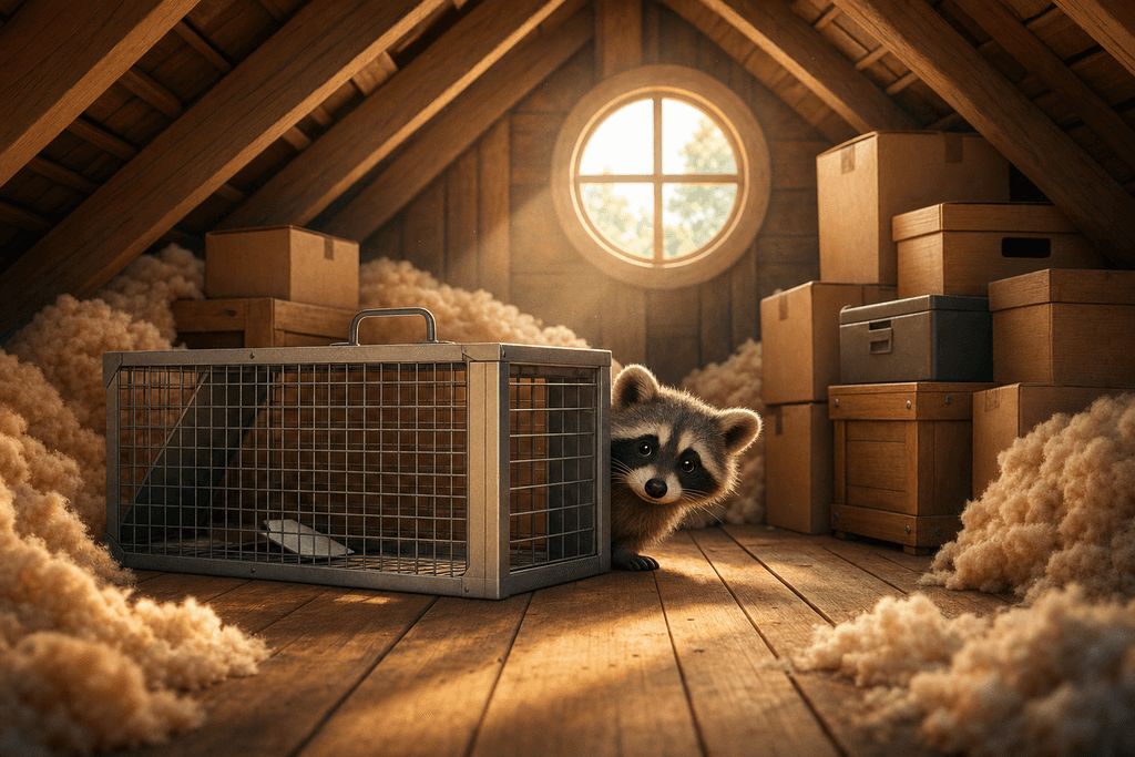 A cartoon and 3D-style scene showing a cozy suburban attic with soft morning light streaming in, and a gentle raccoon peeking out from behind a safe, humane wire trap, surrounded by neatly stacked boxes and fluffy insulation. The atmosphere is calm and reassuring, with warm earthy tones and a touch of playful charm. No characters, text, or humans in the image.