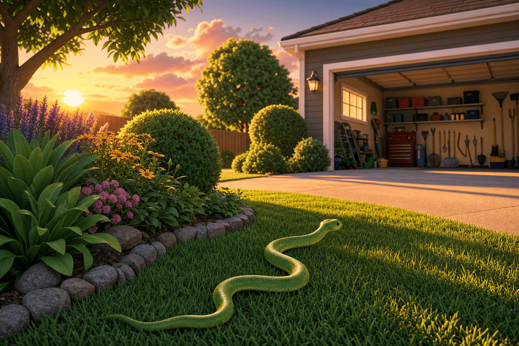 A cartoon and 3D style image of a well-maintained suburban yard at sunset, featuring a vibrant green snake gently slithering away from a tidy garden bed, with a clean and organized garage in the background. The scene should have a calm, relieved atmosphere, with soft warm lighting casting long shadows, and no characters, text, or humans present. Focus on rich colors and clear details in the plants, snake, and environment.