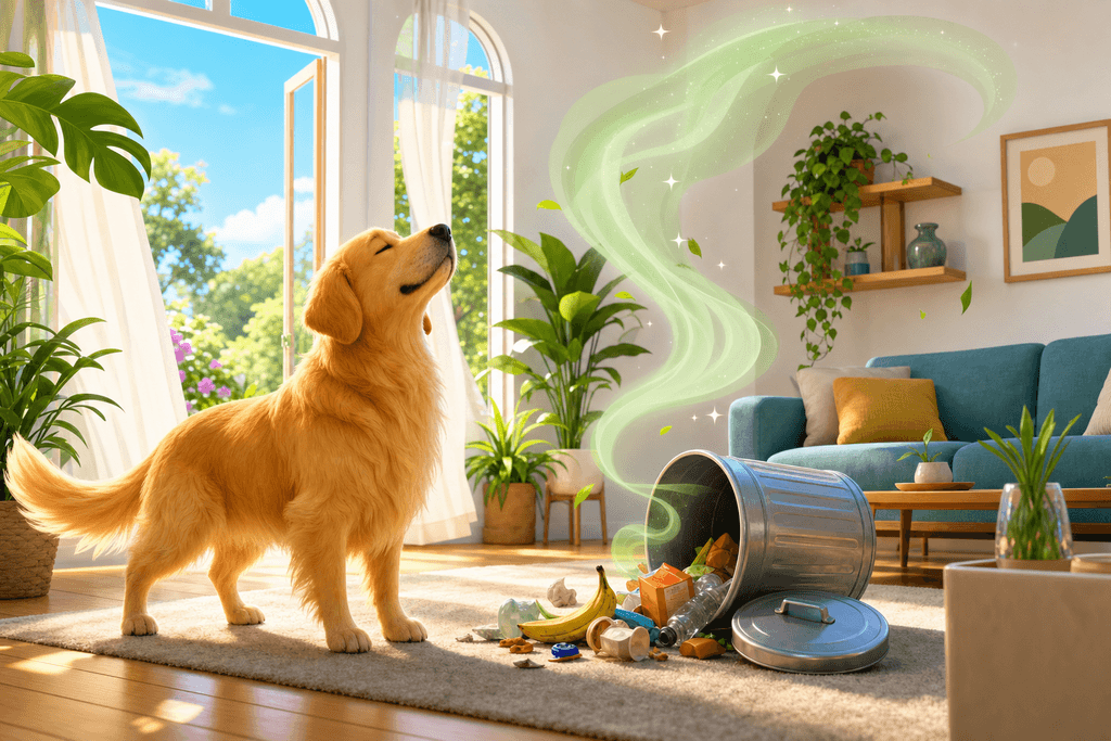 A bright and airy cartoon and 3D living room with large open windows, vivid green plants, and a cheerful golden retriever sniffing the air. In the center, a tipped-over trash can gently releases animated green "odor waves" that are evaporating into sparkling clean air. Sunlight streams in, creating a fresh, uplifting atmosphere. No characters, text, or humans.