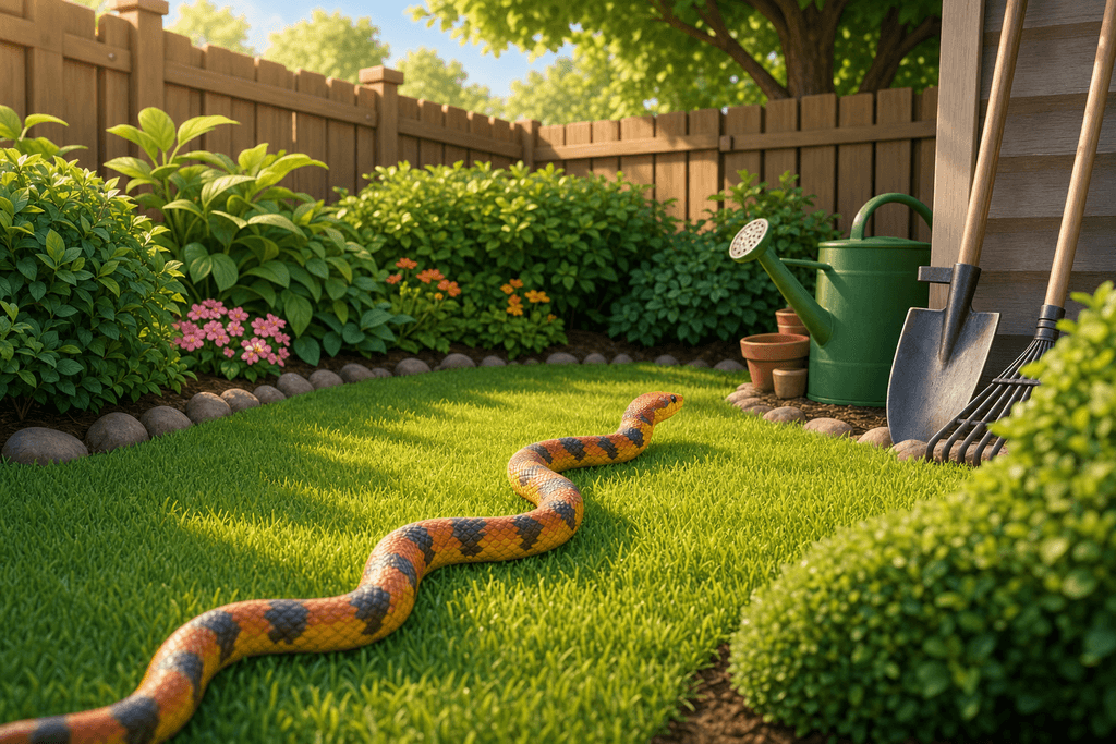 A cartoon and 3D style image of a neatly trimmed suburban yard with a wooden fence, bright green grass, and garden tools neatly placed to the side. In the center, a calm, non-threatening, brightly colored snake is gently slithering away toward shrubs, with morning sunlight casting soft, warm shadows. The mood is peaceful, reassuring, and safe. No characters, text, or humans are in the image.