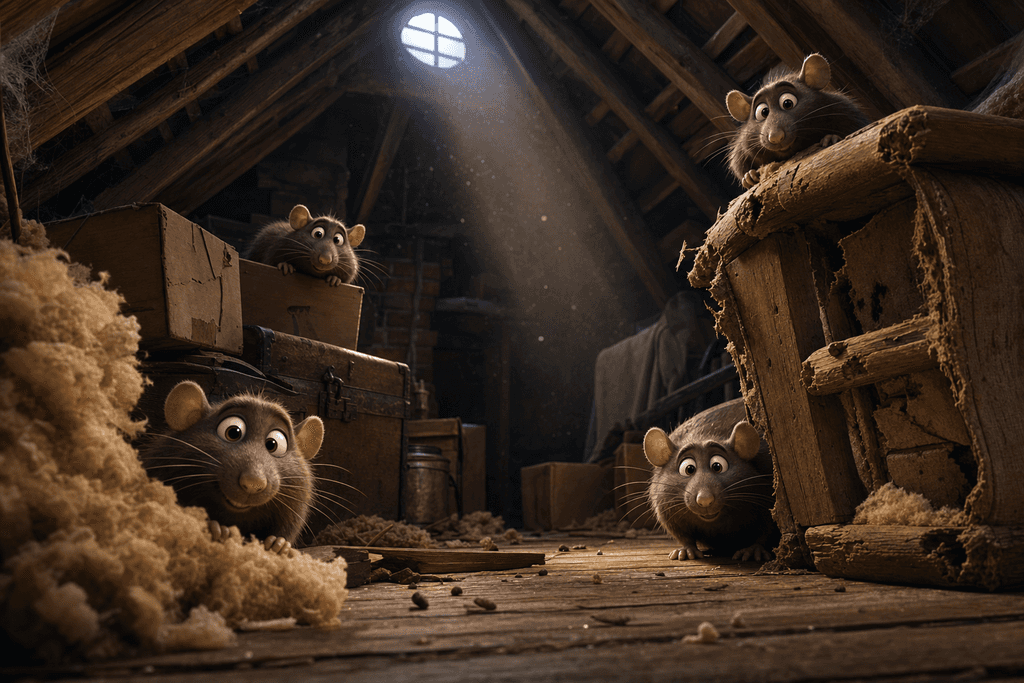 A cartoon and 3D style image of a dimly lit attic with wooden beams and old boxes, where curious, plump brown rats with expressive faces peek out from behind insulation and gnawed furniture. Dust particles catch the light in the air, casting mysterious shadows for a slightly ominous yet playful atmosphere. No characters, text, or humans in the image.