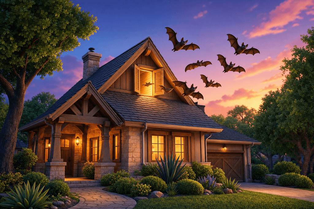 A cartoon and 3D illustration of a cozy Texas house at dusk, surrounded by lush green trees, with several animated bats gently flying away from the warm, inviting attic window, a soft golden glow spilling out. The scene is peaceful and reassuring, with vibrant colors and playful, rounded shapes. Emphasize a calm, safe atmosphere that suggests successful, humane bat removal. No characters, text, or humans are in the image.
