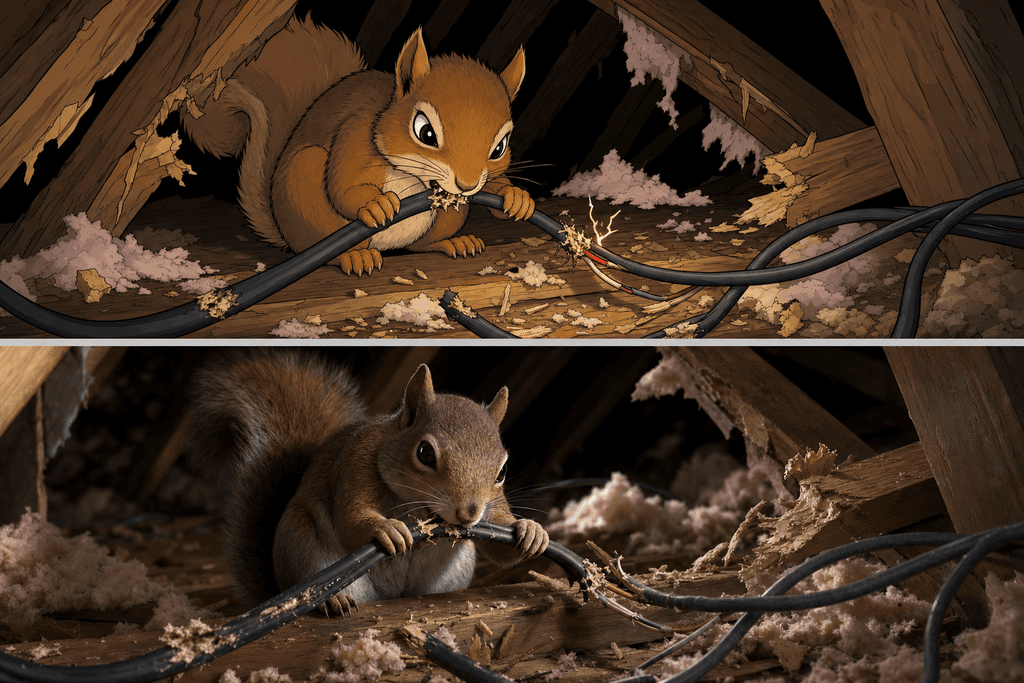 A cartoon and 3D image of a mischievous squirrel chewing through electrical wires in an attic, with insulation scattered around, wooden beams broken, and shadows creating a tense, unsettling atmosphere—no characters, text, or humans in the scene.