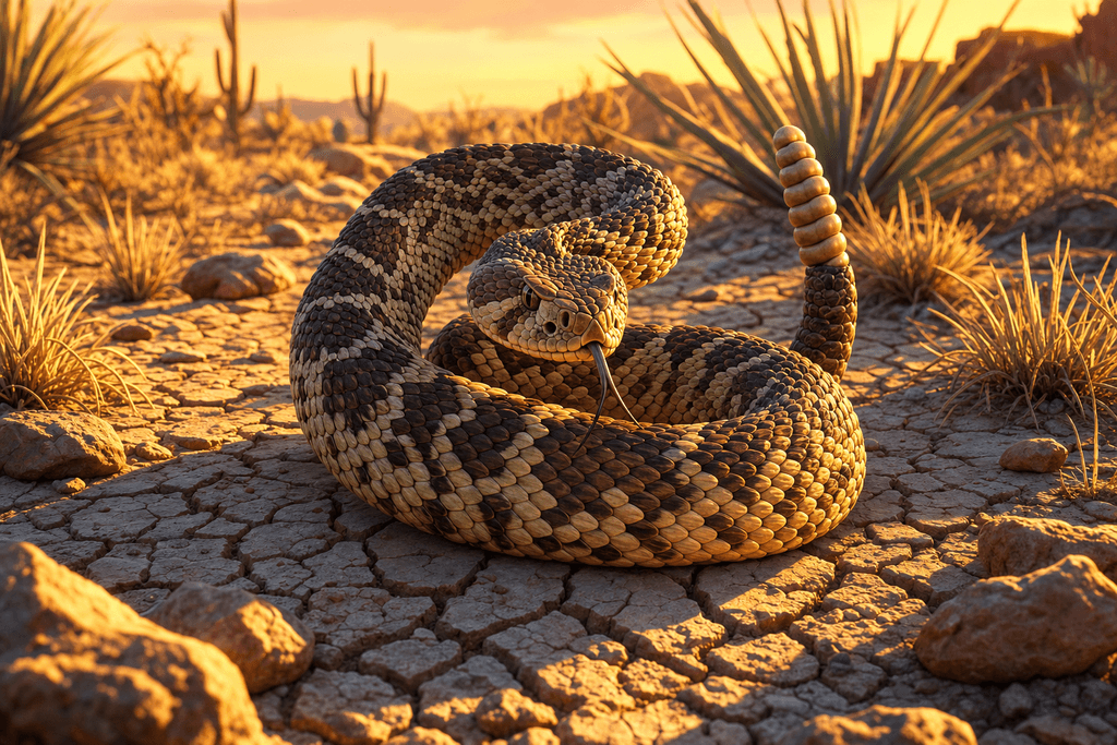 A highly detailed, cartoon 3D scene of a vibrant, coiled western diamondback rattlesnake with pronounced, textured scales and a raised rattling tail, nestled among sunbaked, cracked earth and sparse tufts of dry grass in the Texas desert at golden hour; the warm sunlight casts dramatic shadows and adds a slightly ominous, tense atmosphere to the scene. No characters, humans, or text.