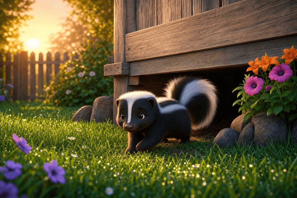 A vivid, cartoon and 3D style scene of a peaceful suburban backyard at dawn, with a cute skunk gently walking out from under a wooden shed towards a lush green grass lawn dotted with dew. The setting is calm and serene, with soft golden sunlight, colorful flowers blooming nearby, and gentle shadows. No characters, text, or humans in the image. The atmosphere is gentle, safe, and optimistic, emphasizing a humane, animal-friendly approach.